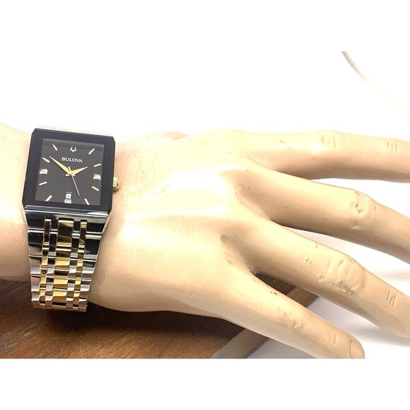 Bulova Men's Watch 98D153 Black Dial Diamond Accent Rectangle Two Tone Steel - Picture 5 of 15